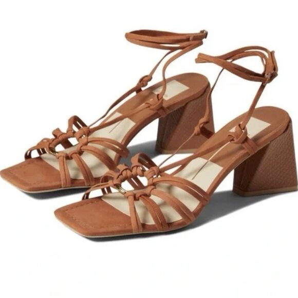 Dolce Vita Kash Cedar Nubuck Tie Up Block Heel Sandals 8.5 Square Toe Strappy - Picture 1 of 16
